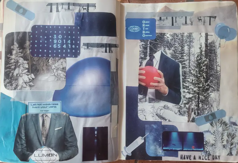 My notebook is open and it's a whole collage of art and photography from the TV show Severance.